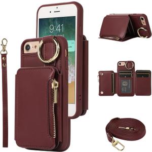 Wallet Case for iPhone 7/8/SE 2020/2022 Leather Clasp Flip Zipper Purse with Shoulder Strap Card Holder Phone Cover for iPhone7 iPhone8 7s 8s i SE2020 SE2022 2/2nd/3/3rd Generation SE2 SE3 Red