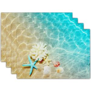 Giwawa Ocean Starfish Placemats Set of 4, Nautical Seashell Coral Coastal Linen Table Place Mats for Kitchen Dining Summer Aquatic Life Decoration, Non-Slip Heat-Resistant Washable, 12" x 18"