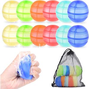 12PCS Reusable Water Balloons Set - 6 Colors Silicone Refillable Splash Balls for Kids Outdoor Summer Activities, Pool Beach Water Games, Fast Self-Sealing Water Bomb Toys