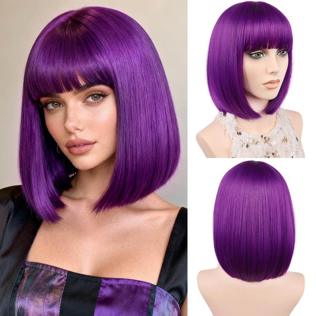 MAYSA Purple Bob Wig with Bangs for Women Short Straight Bob Wigs 12in Synthetic Cosplay Daily Party Colorful Neon Wigs # Dark Purple