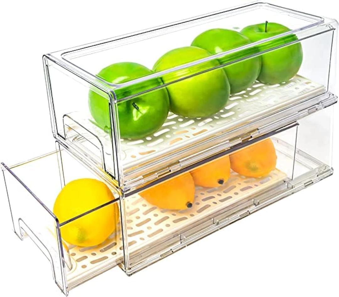 MANO 2 Pack Stackable Refrigerator Drawers Pull Out Bins Clear Fridge Drawer Organizer Food Storage Containers Plastic Veggie Fruit Produce Saver for Pantry Kitchen Freezer(M)