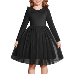 Arshiner Toddler Tutu Dress Girls Long Sleeve Fall Winter Peter Pan Collar Party Tulle Dresses for  (7-8 Years, Black)
