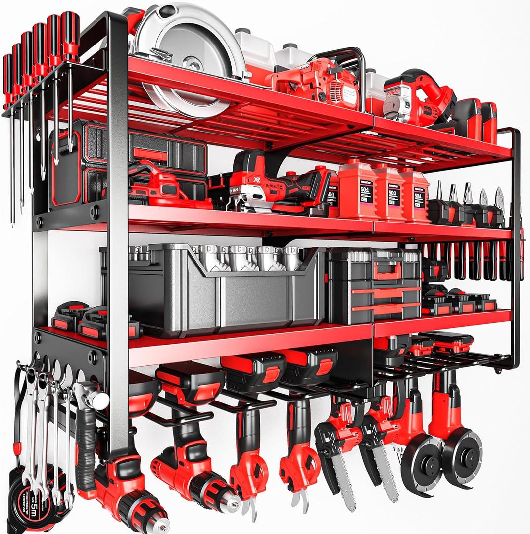 POKIPO Upgrade Large power tool organizer Wall Mount,4 Layers Heavy Duty Metal Loads 400lbs Power Tool Hanger Shelf Battery Storage with 8 Cordless Drill Bit Holder,Utility Racks for Garage Tool Room (Red)