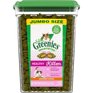 Greenies Feline Smartbites Healthy Kitten Treats, Crunchy and Soft Natural Cat Treats, Chicken Flavor, 16 oz Tub (1 Pound (Pack of 1)), Best By: 11/2025