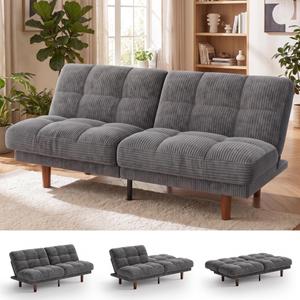 Marsail 70" Convertible Futon Sofa Bed, Small Recliner Sleeper Sofa with Adjustable Backrest, Corduroy Loveseat Futon Couch for Apartments, Living Room, Office, Guest Room (Grey)