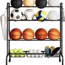 Basketball Rack, Rolling Ball Stand,Garage Organization with Wheels, Four-Layer Sports Equipment Storage with Baskets for Basketballs Footballs VolleyballBlack