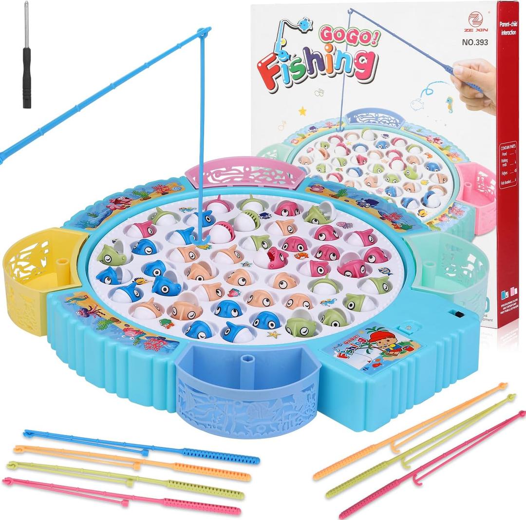 Pakoo Magnetic Fishing Game Toys, Rotating Board Game with Music Including 45 Fishes and 8 Fishing Poles, Christmas Party Game Toys for Kids Age 3 4 5 6 7 and Up
