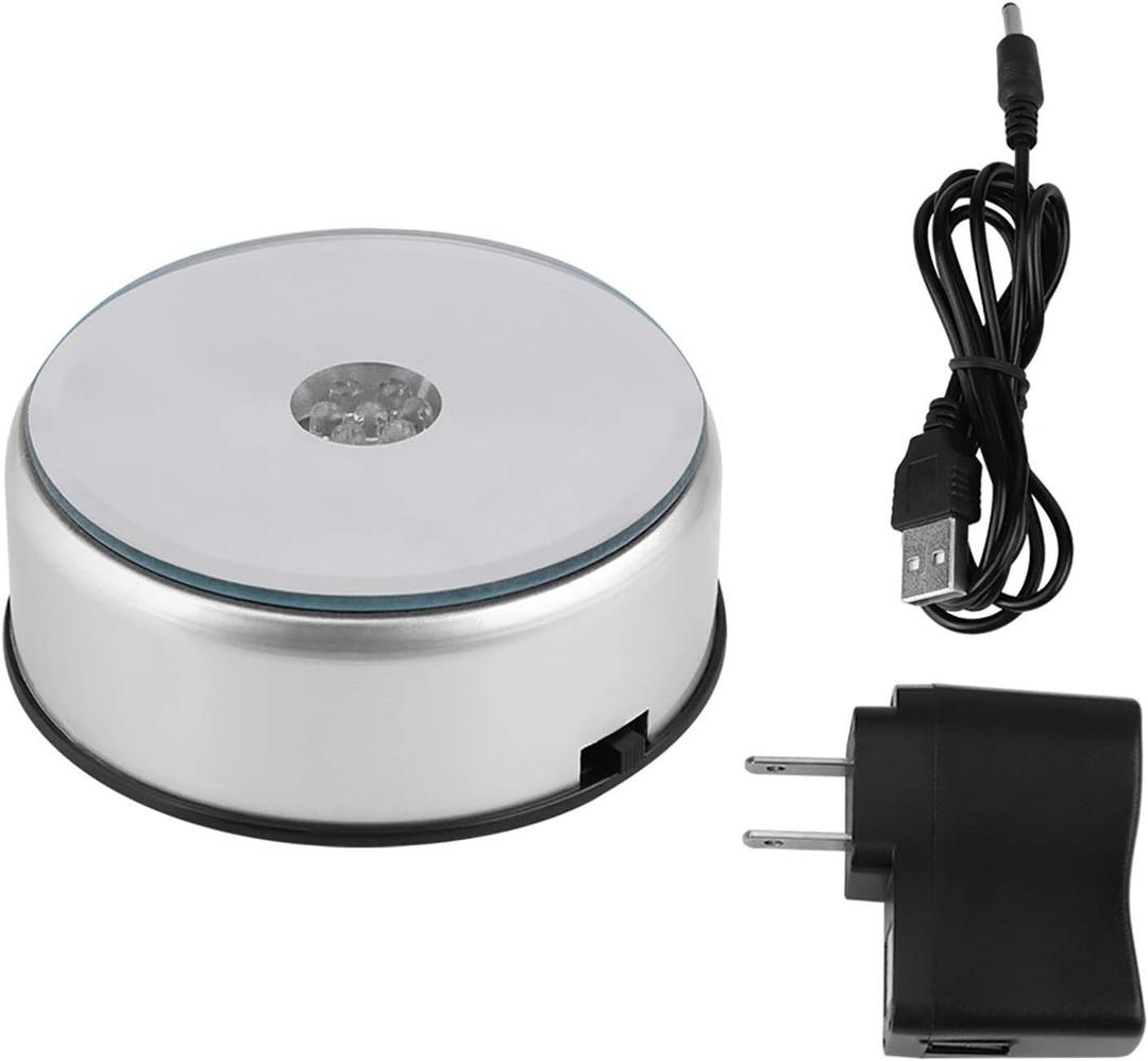 LED Light Base, Colorful Light Rotating Crystal Display Base Stand Light Show Holder with AC US Adapter Silver Battery Operated.