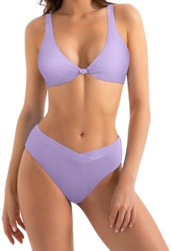 MOOSLOVER Women V Neck Knot Front High Waisted Bikini Sets High Cut Two Piece Swimsuit, Size: L