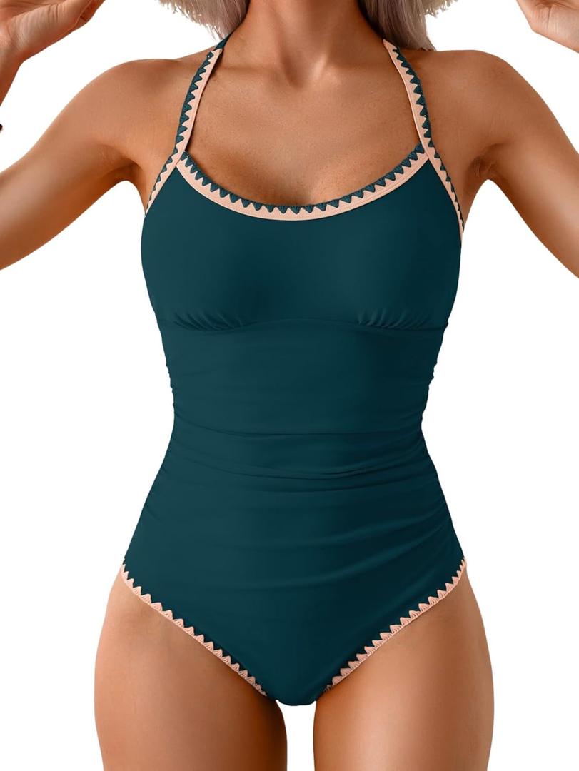Eomenie Women's One Piece Swimsuit Tummy Control Slimming Bathing Suit Ruched Swimwear Tie Back Shell Stitch Swim Suit (Large, Peacock Green) Eomenie Women's One Piece Swimsuit Tummy Control Slimming Bathing Suit Ruched Swimwear Tie Back Shell Stitch Swim Suit (Large, Peacock Green)