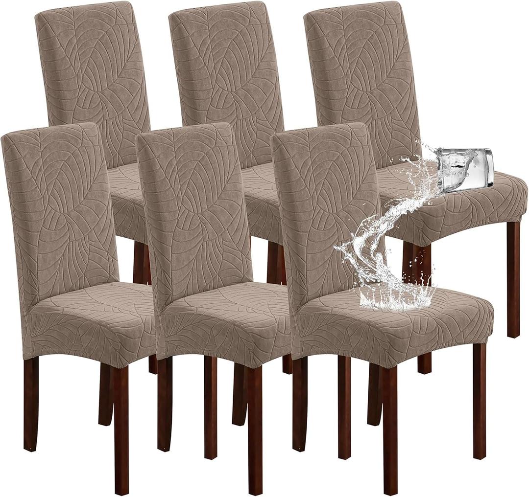 Genina 100% Waterproof Chair Covers for Dining Room Set of 6, Large Dining Room Chair Covers Protectors Stretch Kitchen Parson Chair Slipcovers for Home, Restaurant (Large, Leaves-Taupe)