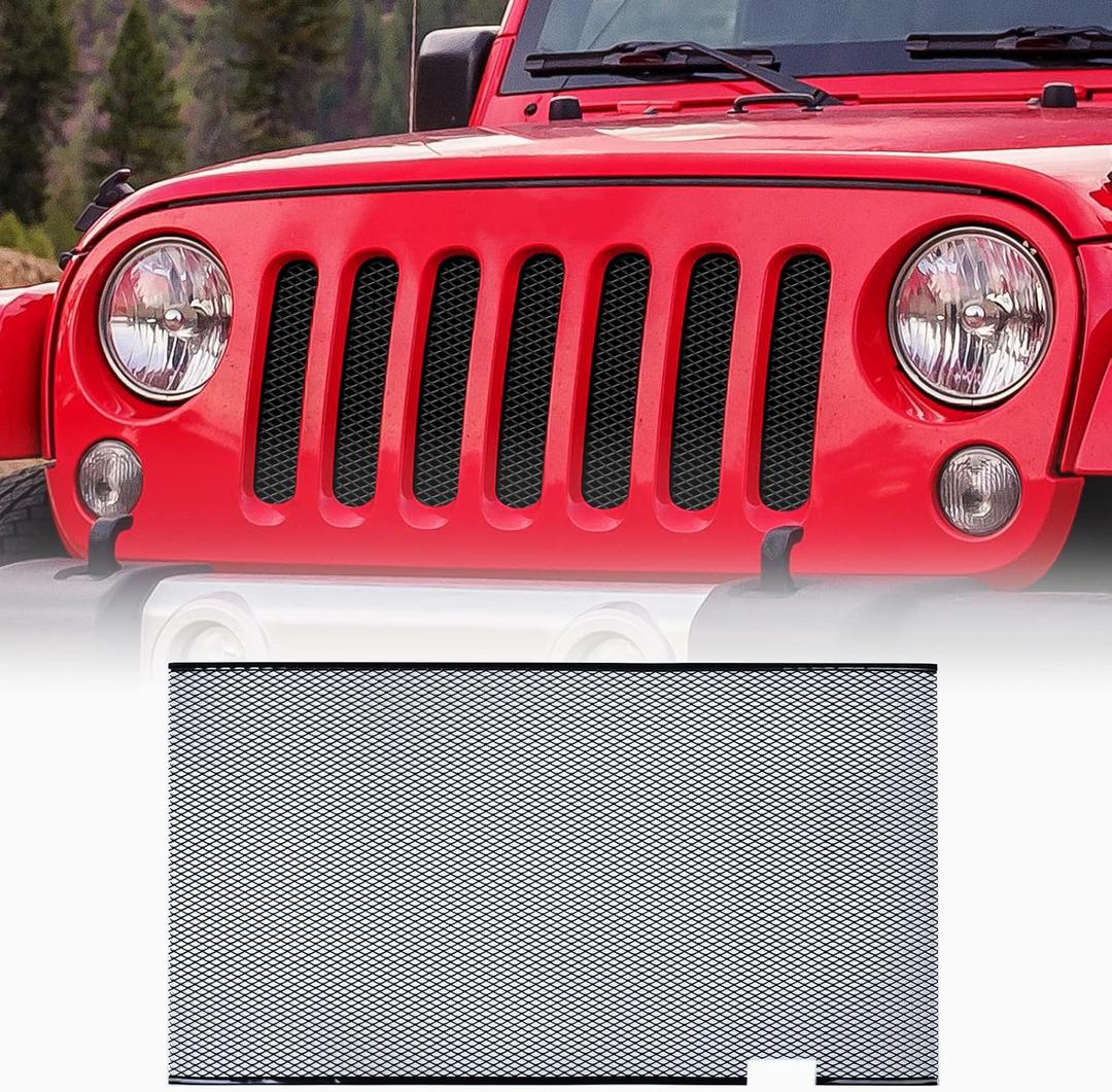 AggAuto Grill Mesh Insert Compatible With Jeep Wrangler JK JKU 2007-2018, Black Aluminum Alloy Metal Front Grille Insert Fit for Wrangler Accessories, 86% Open Area Rhombic Hole