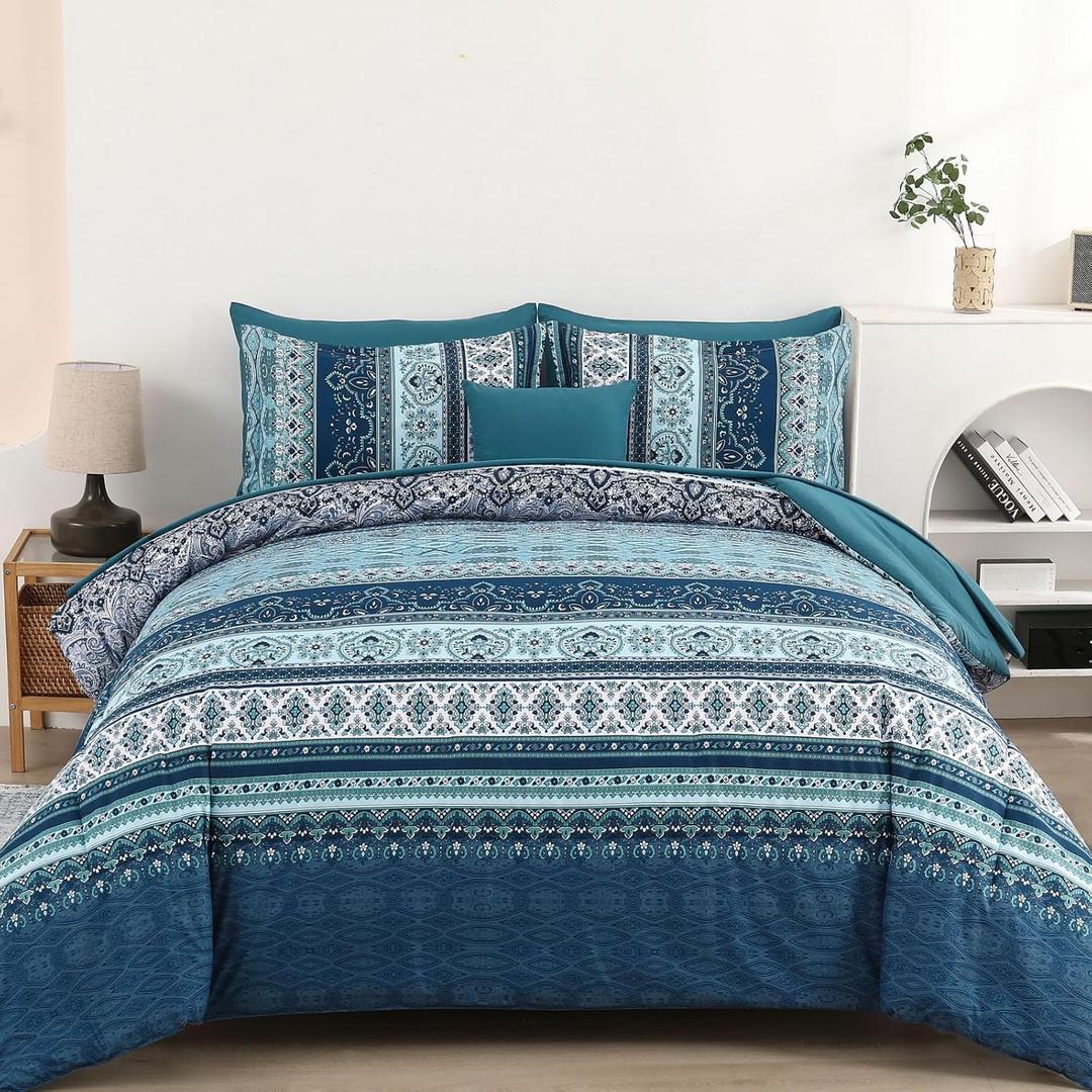 Cottolester Boho Comforter Set California King Size 8 Pieces, Teal Blue Comforter Bohemian Striped Bed in A Bag, Soft Microfiber Bedding Set for All Seasons