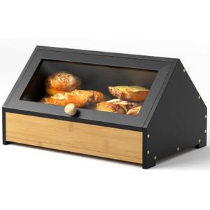 Gredak Bamboo Bread Box and Bread Storage, Corner Bread Box for Kitchen Countertop, Large Durable Black Single Layer Bamboo Breadbox