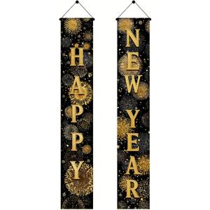 Happy New Year Porch Banner 12x71 Inches Gold Letter Door Hanging Sign New Year Party Porchs Decoration for Indoor Outdoor Home Entryway Holiday Celebration Porch Wall Doorway Decor
