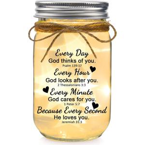 Christian Mason Jar Night Lights Gifts for Christians Women Faith Bible Religious Catholic Spiritual Gift for Women Prayer -Every Day God Thinks of You...He Loves You