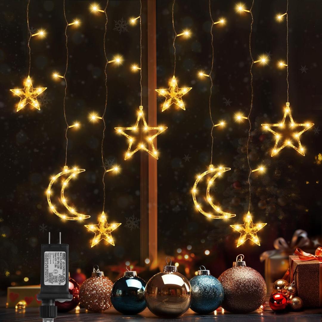 Christmas Lights, 11.48FT Curtain String Lights with 8 Light Modes, Star Moon Indoor Outdoor Fairytale String Lights for Bedroom, Window, Wall, Home, Ramadan, Christmas Decoration - Warm White