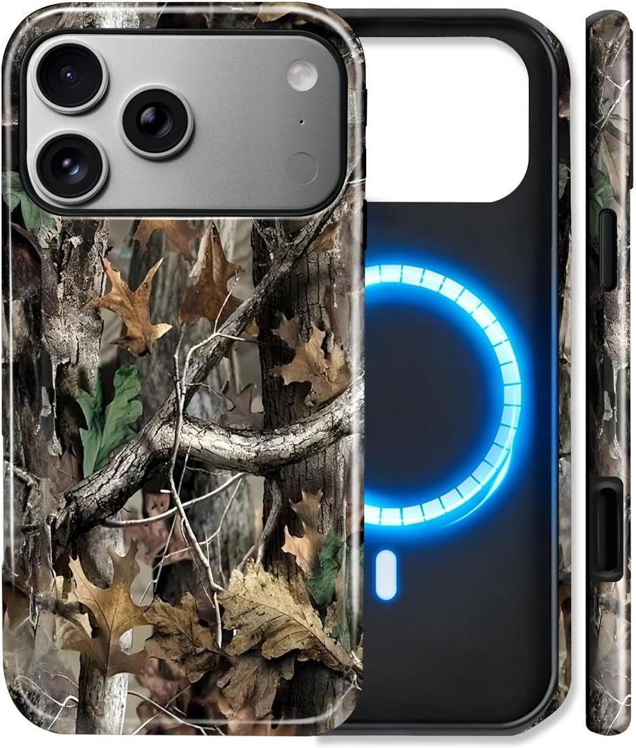 Magnetic Case for iPhone 17 Pro Max,Camo Leaf Design, Shockproof Glossy 2 in 1 Dual Layer,MagSafe Compatible Protective Phone Case for Women Men Boys