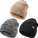 MSDC 3 Pack Winter Hats for Men, Warm Fleece Lined Beanie for Men Women, Fashionable Knit Hat Skull Cap for Cold Weather (Mix Black+mix Beige+mix Gray)