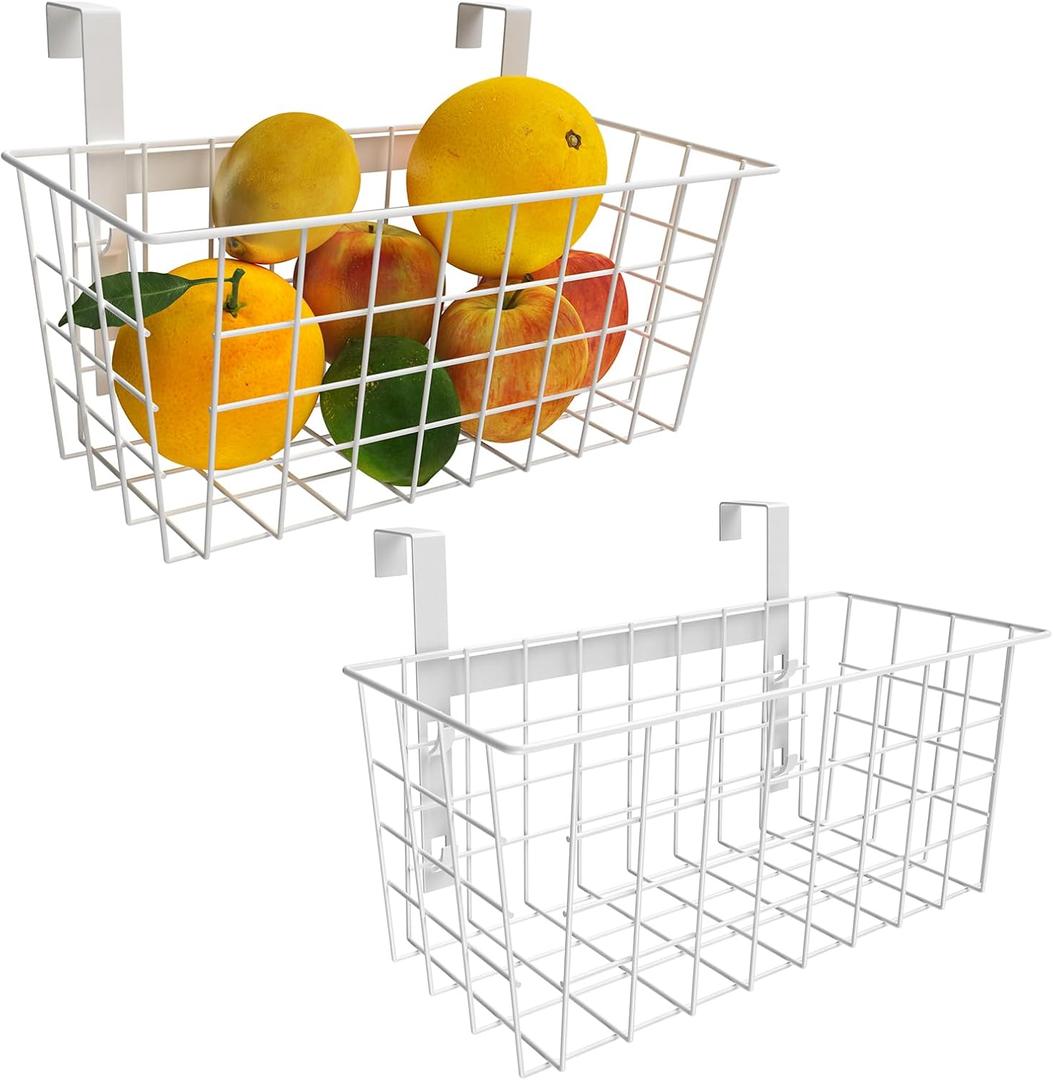 MaraFansie Basket with Hook, Grid Storage Basket, Over the Cabinet Door Organizer, Wire Hanging Basket with Hook Over the Railing, Under Sink Kitchen Cabinet, Pantry, Bathroom, White, 2 Pack