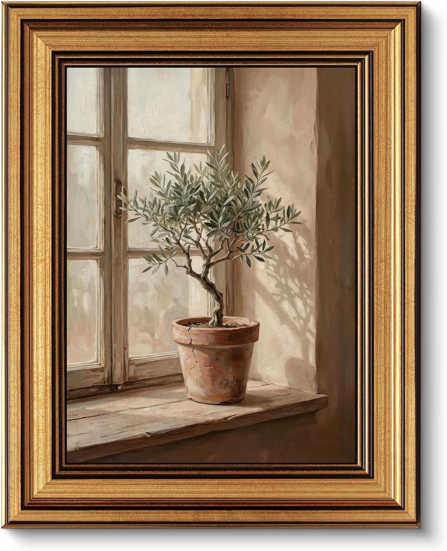 Gold Framed Wall Art, Vintage Olive Tree Canvas Prints – Farmhouse Mediterranean Window Botanical Pictures Decor, Rustic Neutral Artwork for Living Room, Dining Room 9x11 inch