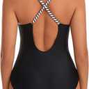 Womens One Piece Swimsuits Tummy Control Bathing Suit Slimming V Neck Front Cross Ruched Swimwear (Black)