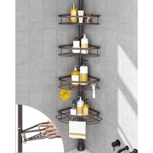 SEIRIONE Rustproof Shower Corner Caddy Organizer for Bathroom,Tension Pole with 4 Baskets, for Bathtub Storage Rack, 34 to 116 Inch Height, Bronze