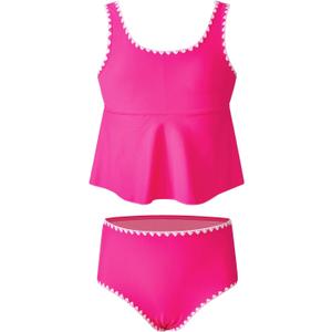 blibean Girls Swimsuits Two Piece Tankini Sets Ruffle Bathing Suit with Chest Pad 6-15 Years (Pink)