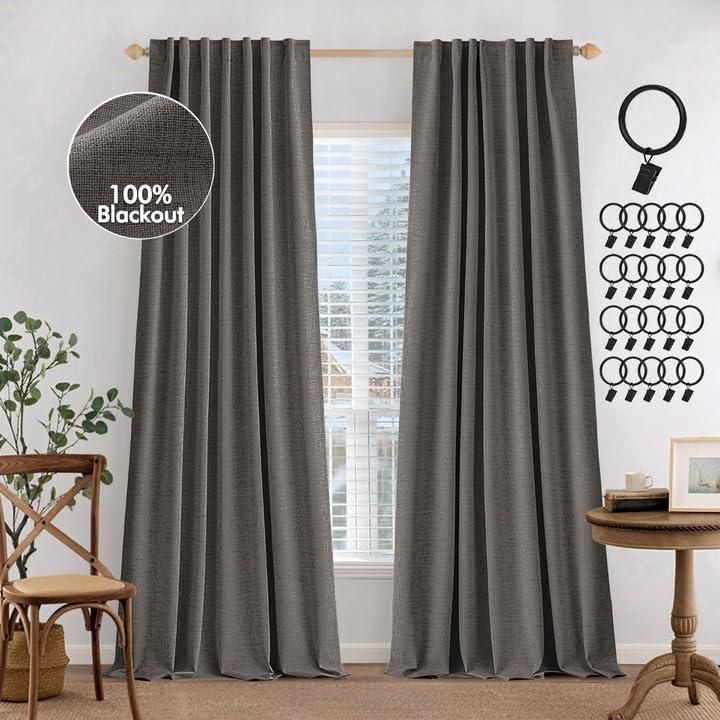 MIULEE 100% Blackout Curtains 90 inches Long, Linen Curtains for Bedroom Living Black Out Window Treatments Thermal Insulated Room Darkening Drapes Back Tab & Rod Pocket, Dark Gray, 2 Panels