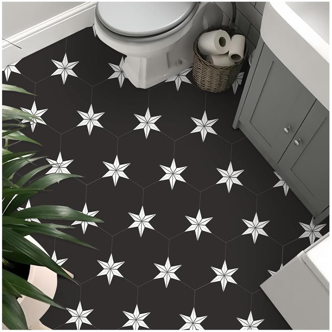 MORCART 20PCS Hexagon Peel and Stick Floor Tile, Waterproof Vinyl Flooring Covers 12.6 Sq Ft, DIY Removable Flooring for Bathroom, Kitchen, Bedroom, Stairs, Entryway (Star Black)