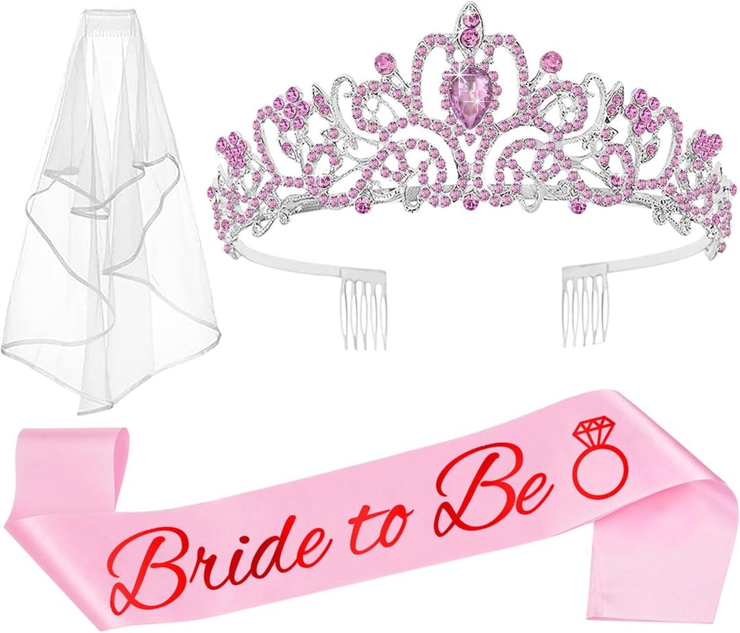 JETKONG 3 Pcs Bachelorette Party Decorations Bridal Shower Crown, Bride to Be Sash&Veil for Women Bachelorette Party Gifts, Bachelorette Party Supplies, Gifts, Favors (Pink)