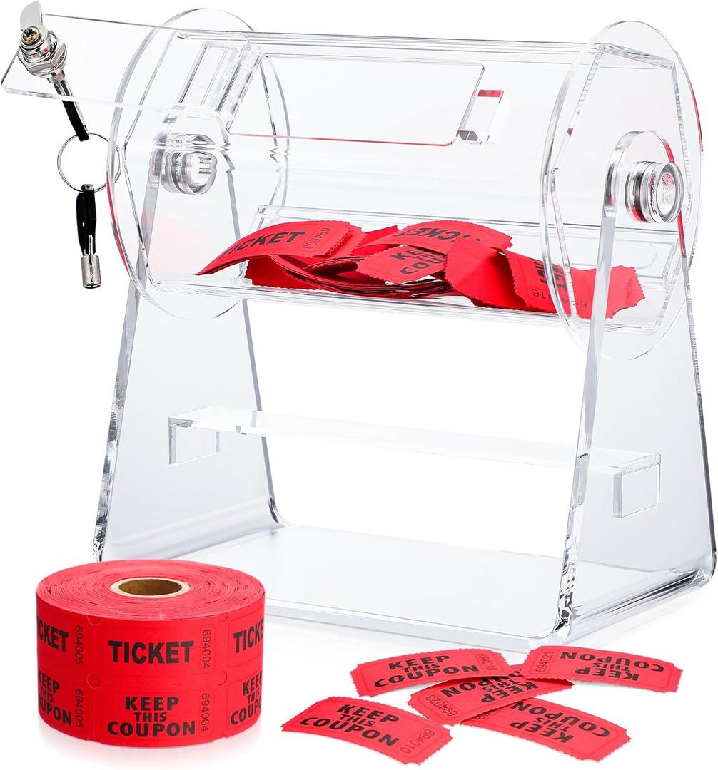 Acrylic Raffle Drum, Clear Raffle Ticket Box Drum Spinner Cage with 1000 Tickets Single Roll for Games Classroom Activities Sports Events Social Contact(Red,Small)