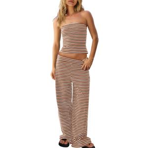 Panadila Womens Striped Two Piece Sets Summer Lounge Outfits Sailor Tube Top and Pants Matching Set Beach Vacation Travel Y2k (Brown, M)