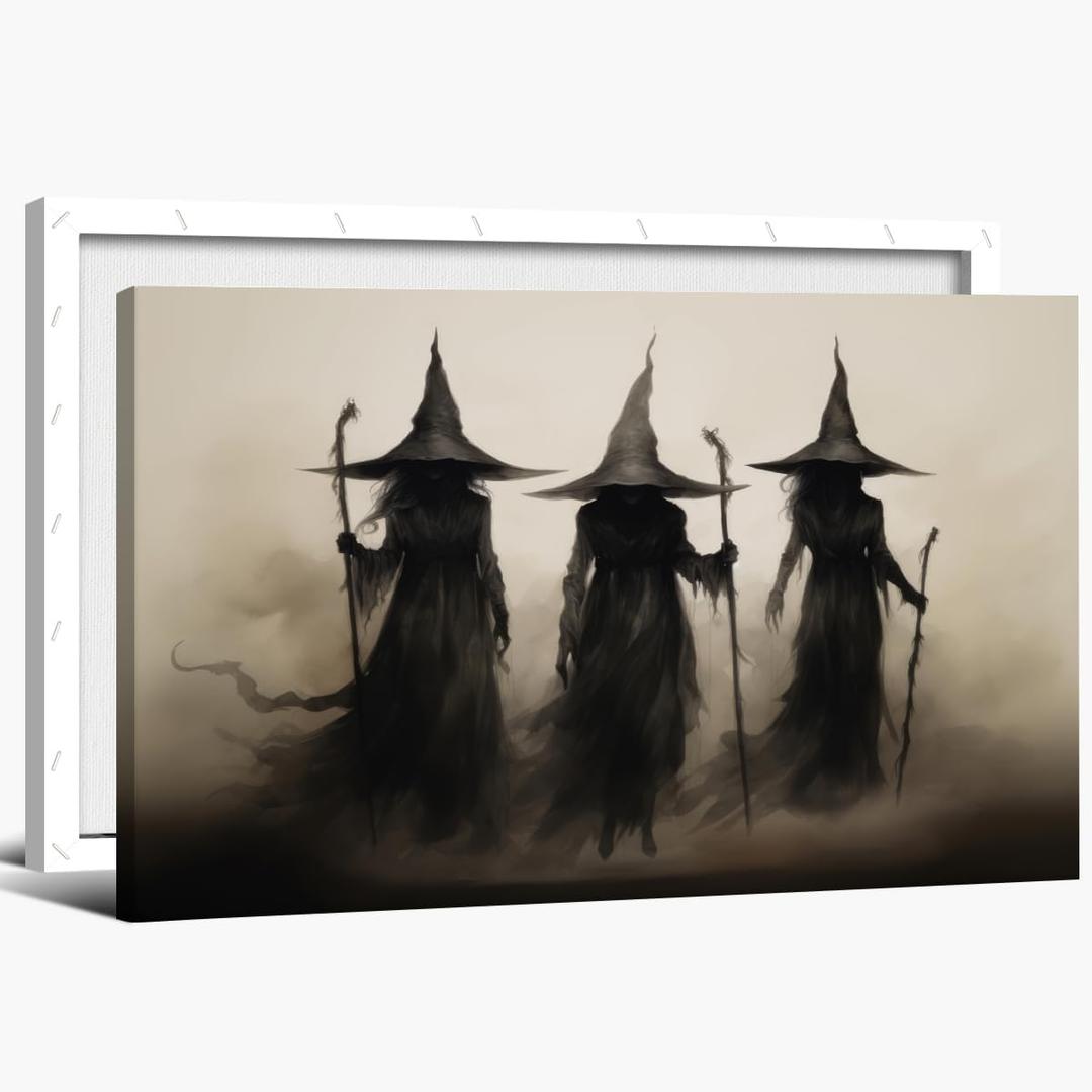 Vintage Halloween Three Witches Posters Witchy Canvas Prints Dark Academia Wall Art Goth Decor Rustic Witch Poster Horror Spooky Moody Aesthetic for Living Room Bedroom Home 16x24inch Framed (16L" x 24W")