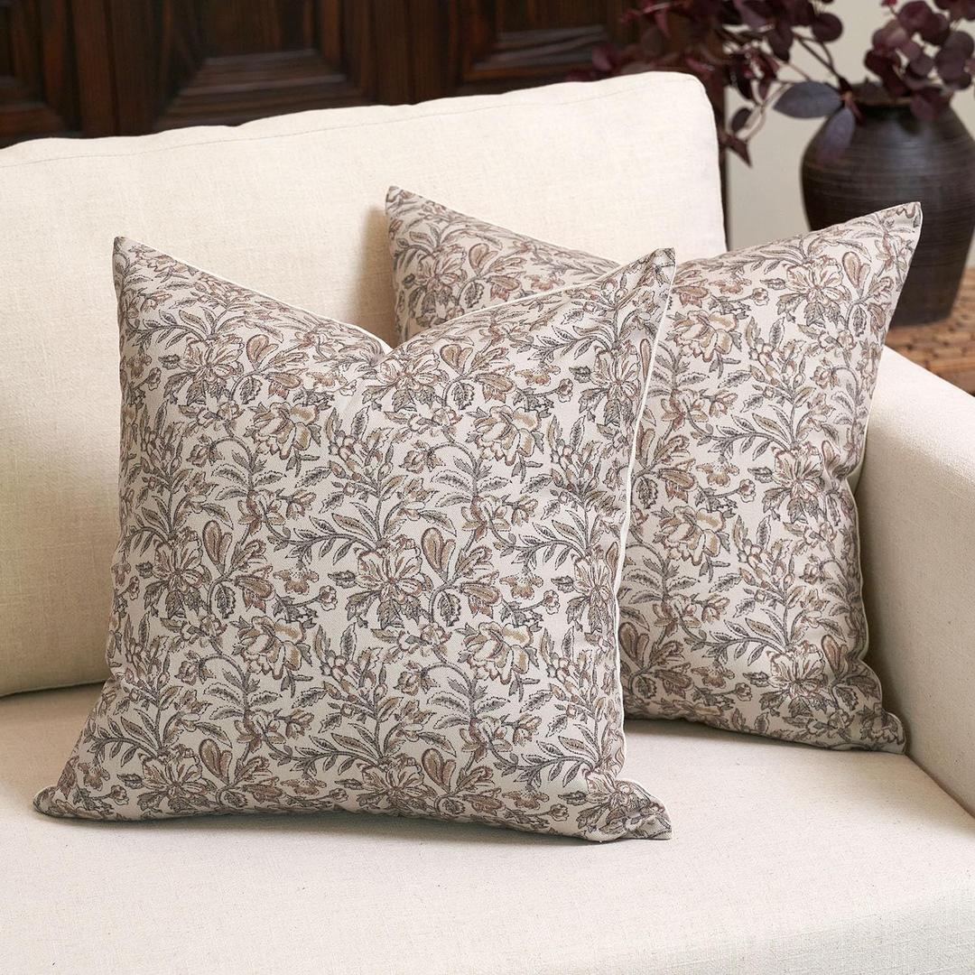 Amor Virisso Floral Throw Pillow Covers 18x18 Set of 2 Vintage Block Print Pillow Covers Decorative Pillow Covers Couch Pillows for Living Room Farmhouse Accent Sofa Pillows, Red/Sand