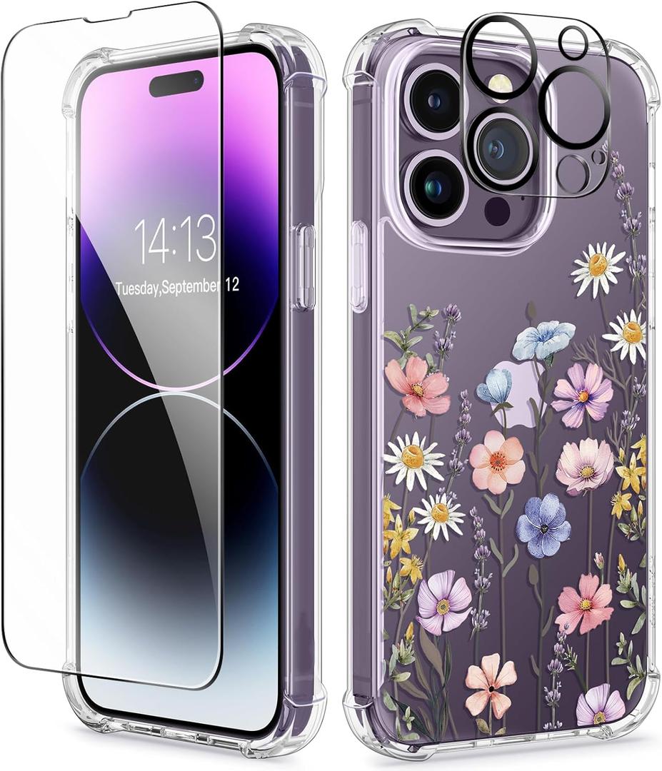 GVIEWIN for iPhone 14 Pro Max Case Floral, with Screen Protector&Camera Lens Protector,[Non Yellowing] Soft Shockproof Clear Phone Protective Cover for Women, Flower Pattern 6.7"(Mallow/Colorful)