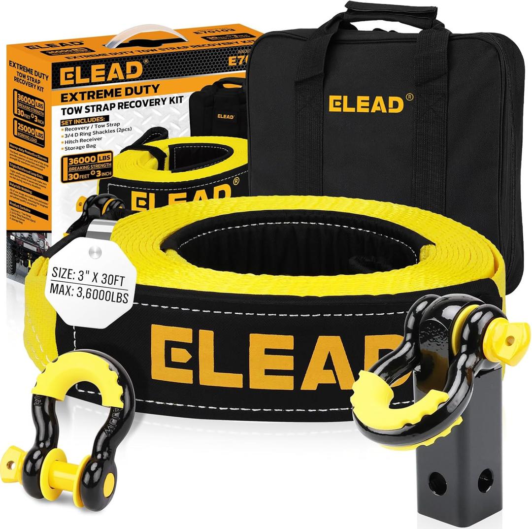 ELEAD Recovery Tow Strap Heavy Duty with Hooks 3" x 30Ft - 36000 LBS Break Strength, 2" Shackle Hitch Receiver + 3/4 D Ring Shackles (2pcs), Recovery Tow Rope for Truck, SUV, ATV Offroad Vehicle