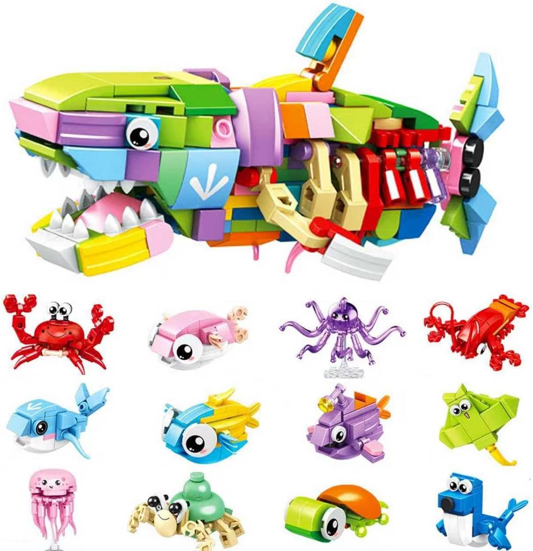 Easter Basket Stuffers Marine Animal Building Blocks Set, 12 in 1 Ocean Creatures Shark Fidget Toys, Party Favors for Kids, Classroom Birthday Gifts for Boys & Girls Easter Egg Fillers(12 Pack)