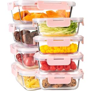 16PCS (8 Bowls + 8 Lids) High Borosilicate Glass Meal Prep Containers, Food Storage Containers with Airtight Lids, Glass Lunch Bento Boxes,Dishwasher Safe, pink