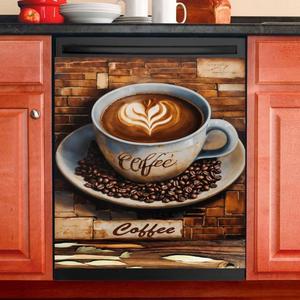 Coffee Bar Magnetic Dishwasher Cover,Retro Style Coffee Holiday Kitchen Decor Dishwasher Sticker,Refrigerator Magnets Panel Decals,Dishwasher Magnet Cover Vinyl Sticker,23Wx26H Inches