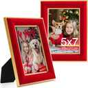 KSROECUD 5x7 Velvet Picture Frame, Red Photo Frames with Modern Simple Metallic Gold Border, HD Real Glass Horizontal & Vertical Display for Tabletop and Wall Collage Decor (2 Pack)