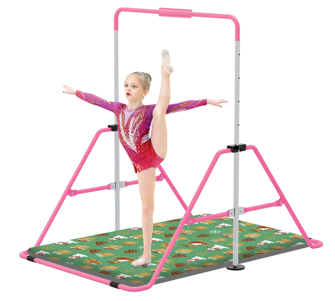 Jivifao Gymnastics Bar with Self-Inflating Mat for Kids, Adjustable Height Gymnastic Horizontal Bars with Mat, Folding Gymnastic Training Monkey Bars, Junior Expandable Training Kip Bar for Home