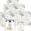Hoolerry 6 Set Baby Shower Game Prizes for Guests Winners 12 oz Insulated Stainless Steel Tumbler Cup with Lids, Straws, Cleaning Brush, Cards & Boxes Return Gifts(White Green,Greenery)