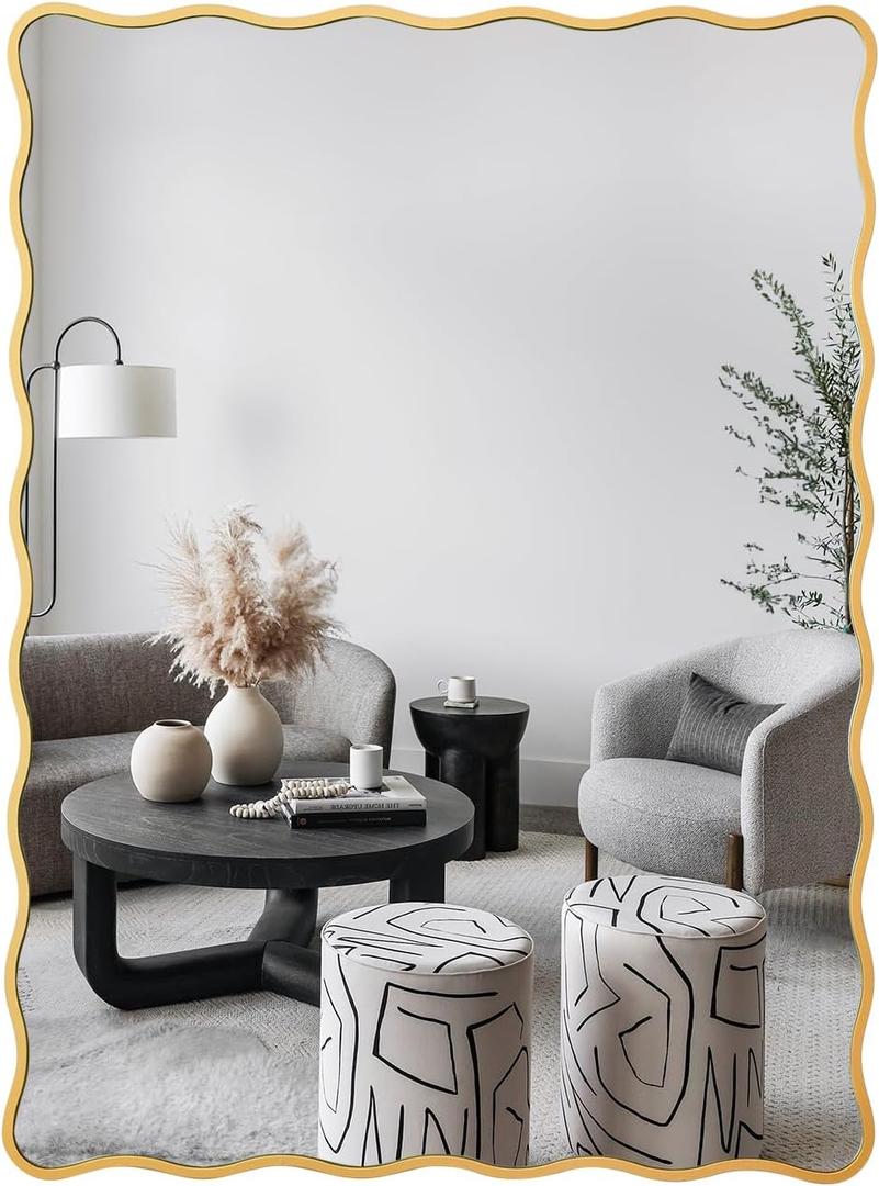 28"x40" Wavy Gold Bathroom Mirror, Wood Framed Waved Edge Accent, Rectangular Wall Decorative Vanity, Farmhouse Irregular for Bedroom Entryway Living Room