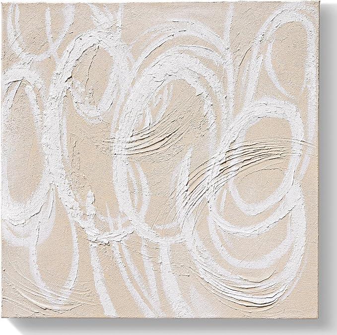 GeekMacro Square Hand-Painted Oil Painting Textured Wall Art - 24x24 Inch Nature Circles White Cream Modern Canvas Artwork for Living Room Bedroom Office Decor