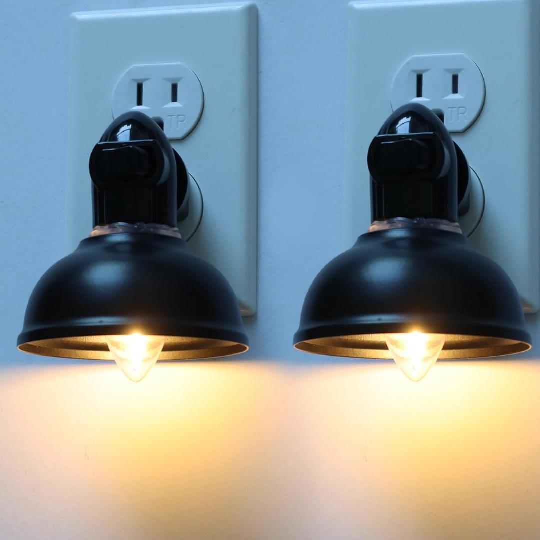 Farmhouse Plug in Night Light with On Off Switch, 2-Pack 0.5W LED Night Lights Plug into Wall Socket, Vintage Nightlight with Matte Black Metal Lamp Shade for Adult Kids Room Bathroom Hallway