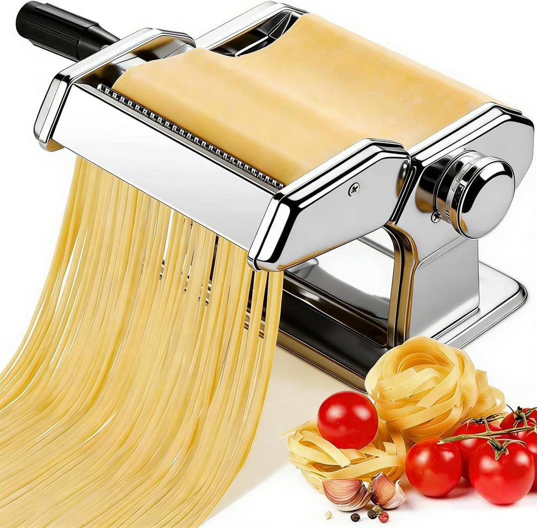 Pasta Maker Machine, Manual Pasta Maker with 9 Adjustable Thickness Settings, Stainless Steel Noodles Maker with Rollers and Cutter for Pasta, Spaghetti, Fettuccini, Lasagna