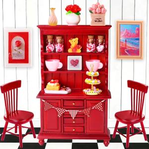 24Pcs Valentines Dollhouse Miniatures Decorations 1:12 Scale Mini Romantic Wooden Bookshelf Furniture Set Tiny Bottles Flowers Chairs Cups Valentine's Day Decor