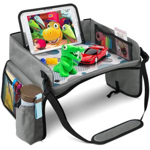 BUENAVO Car Seat Organizer Kids Travel Tray for Kids Car Trays for Kids Roadtrip Essentials Toddlers Activities in Car Seat, Stroller, Airplane (Grey Blue)