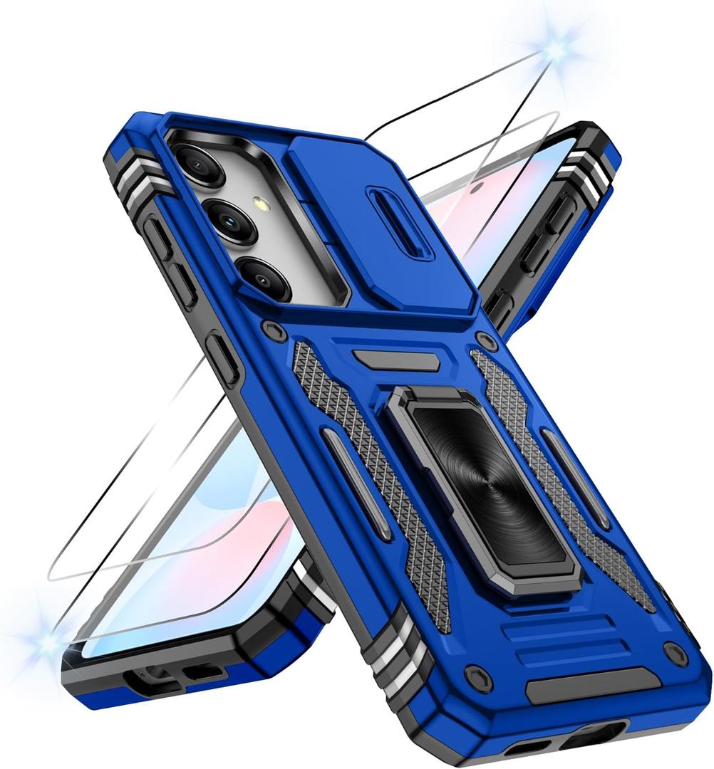 Atump for Samsung Galaxy S24 FE Case with [2Pcs] HD Screen Protector & Slide Camera Cover, Rotated Ring Kickstand [Military Grade Shockproof] Protective Case for Galaxy S24 FE 6.7", Navy Blue